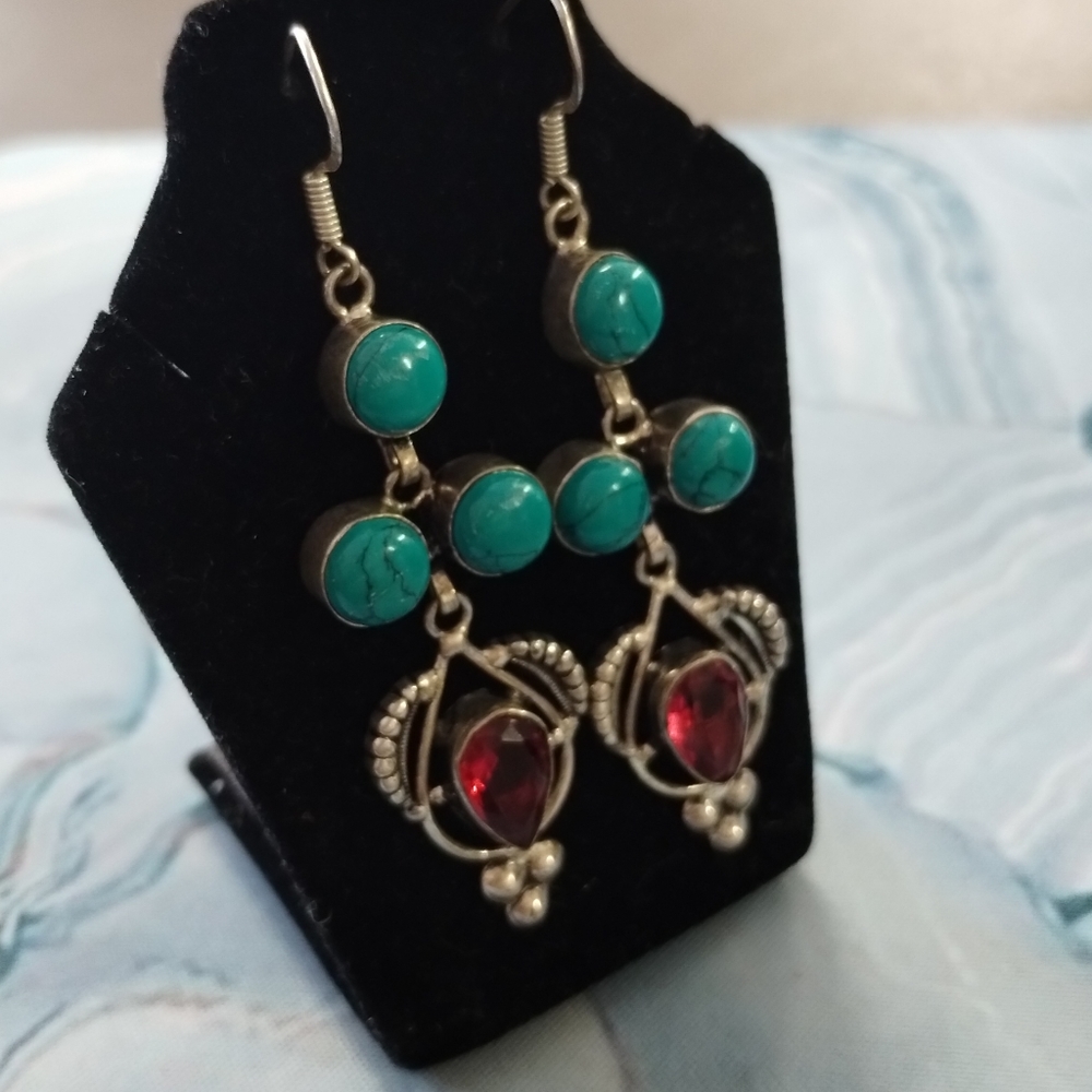 925 Garnet Turquoise Earrings - Picture 7 of 9